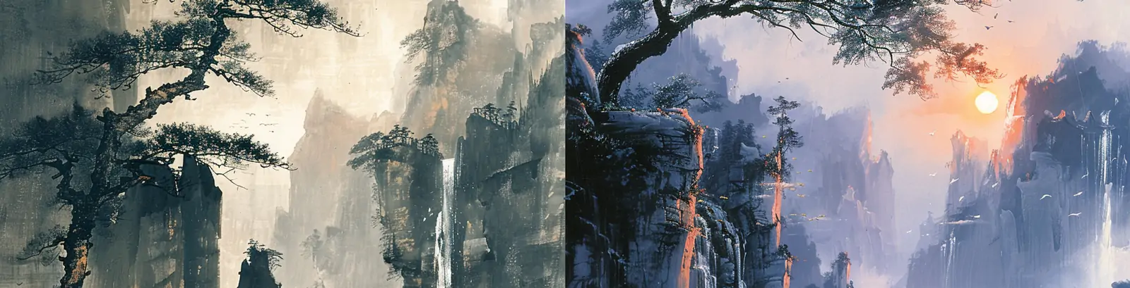 中国风复古山水风景悬崖峭壁树木瀑布景观midjourney关键词咒语