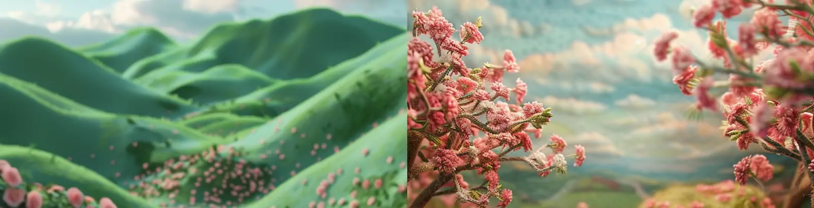 可爱粉色春天鲜花植物场景微型景观摄影海报midjourney关键词咒语