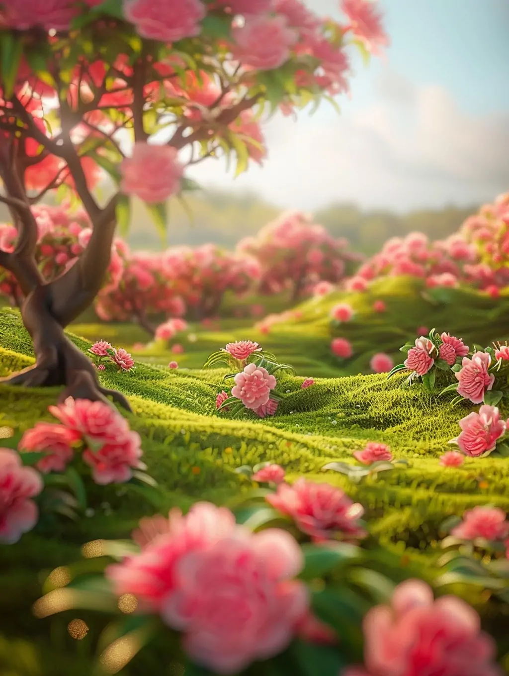 可爱粉色春天鲜花植物场景微型景观摄影海报midjourney关键词咒语-Ai宇宙吧-