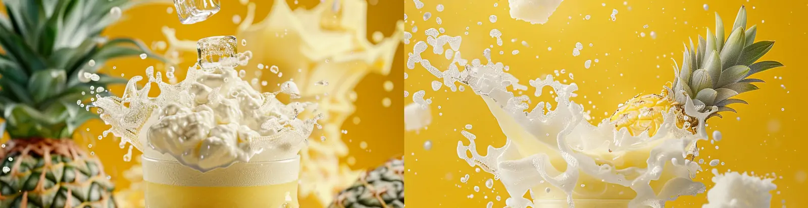 新鲜菠萝果汁饮料奶昔水花飞溅产品广告摄影海报midjourney关键词咒语