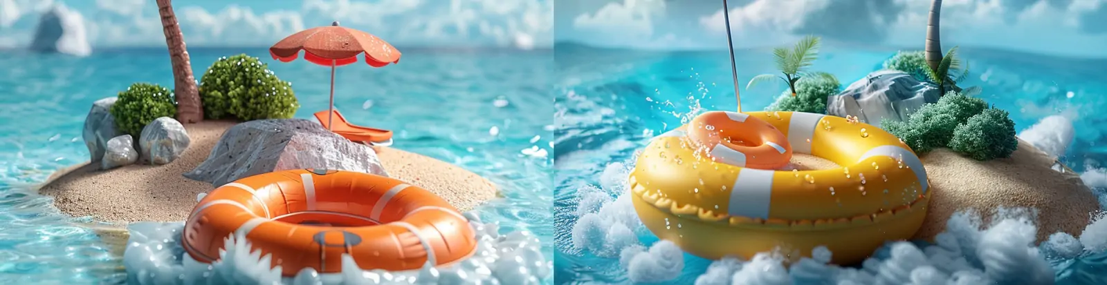 夏季海滩蓝天白云游泳圈椰子树小岛微型景观立体插图海报midjourney关键词咒语