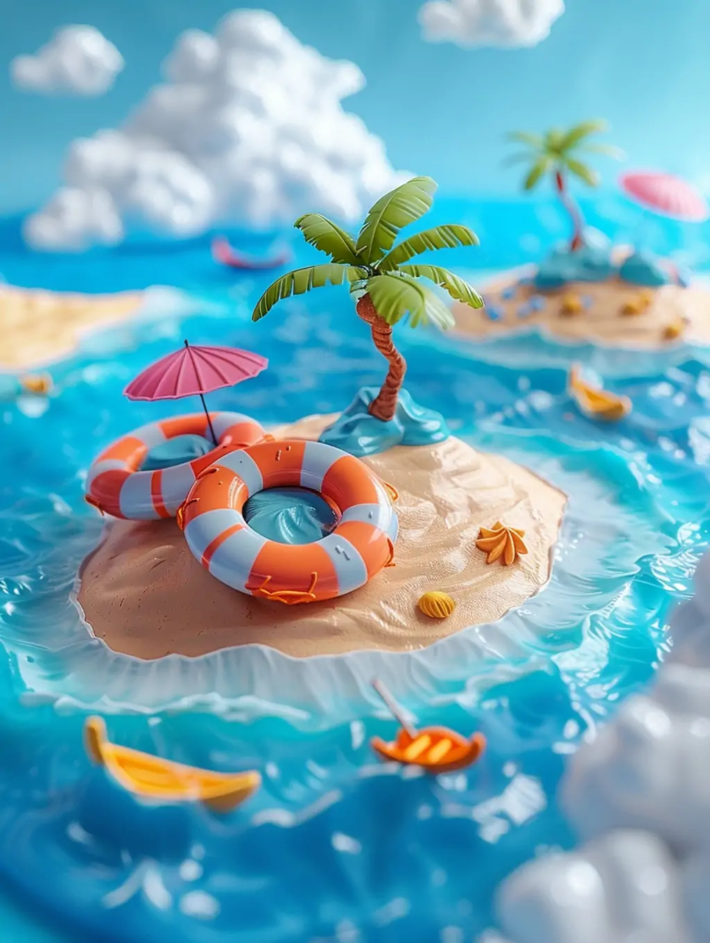 夏季海滩蓝天白云游泳圈椰子树小岛微型景观立体插图海报midjourney关键词咒语-Ai宇宙吧-