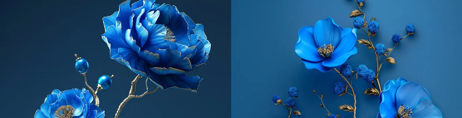 中国风蓝色鲜花牡丹花瓣烫金工艺珠宝装饰模型艺术摄影海报midjourney关键词咒语