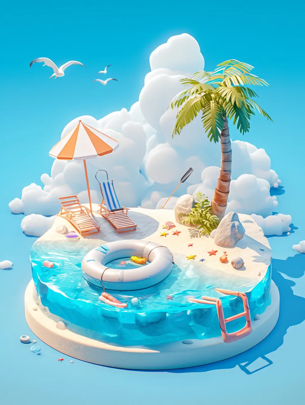 创意蓝天白云漂浮沙滩海岛椰子树旅游度假立体景观模型midjourney关键词咒语 - Ai宇宙吧--Ai宇宙吧-