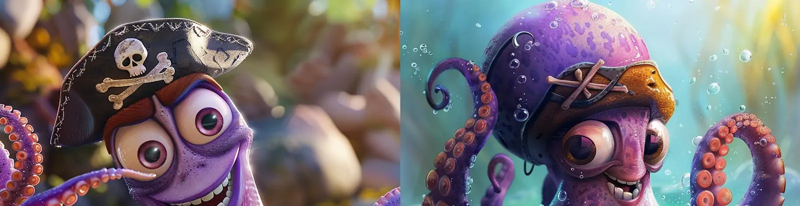 3D立体趣味卡通紫色章鱼八爪鱼游戏动画风格场景摄影海报midjourney关键词咒语