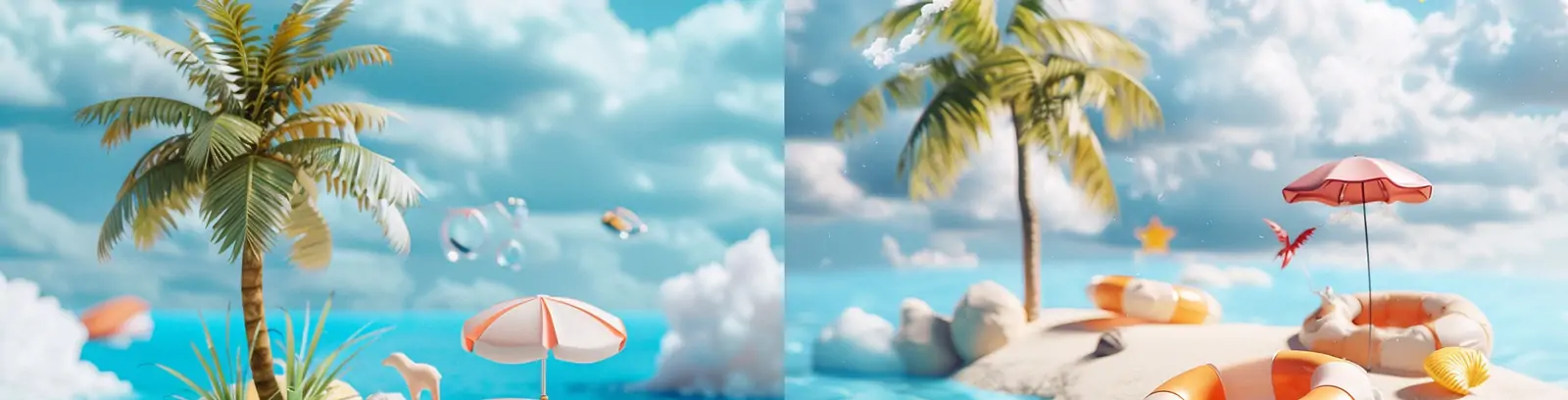 创意夏季海边沙滩蓝天白云游泳圈椰子树小岛微型景观摄影海报midjourney关键词咒语