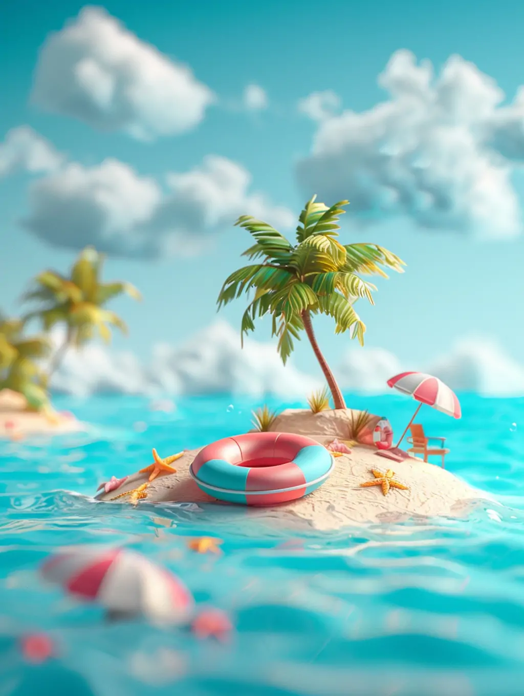 创意夏季海边沙滩蓝天白云游泳圈椰子树小岛微型景观摄影海报midjourney关键词咒语 - Ai宇宙吧--Ai宇宙吧-