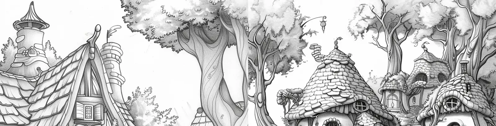 手绘迪士尼风格童话故事村庄建筑黑白线稿插图绘画海报midjourney关键词咒语