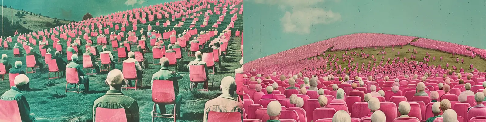 手绘绿色山坡粉红色椅子人物背影音乐会场地场景插图海报midjourney关键词咒语