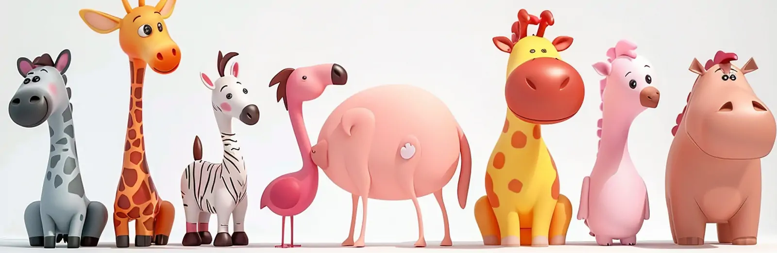 可爱卡通皮克斯风格动物长颈鹿河马火烈鸟立体插图海报midjourney关键词咒语