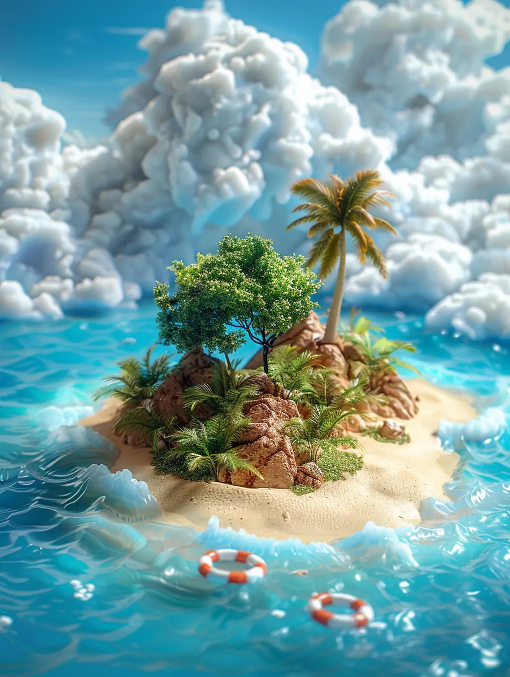 创意夏天大海沙滩蓝天白云游泳圈椰子树小岛立体景观摄影海报midjourney关键词咒语-Ai宇宙吧-