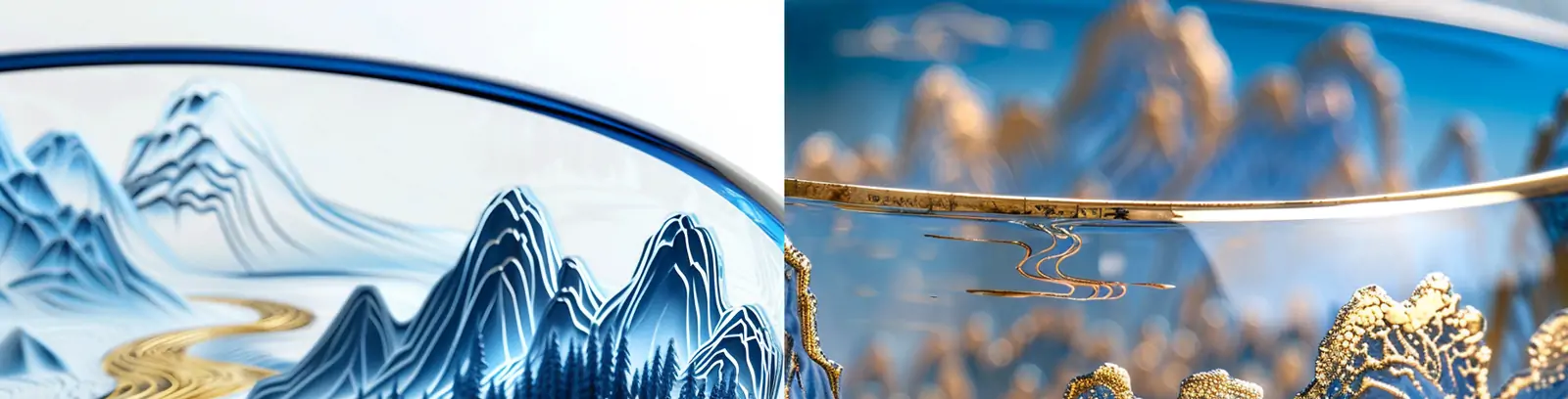 中国风蓝色青花瓷自然山水画烫金玻璃碗瓷器精致绘画产品摄影海报midjourney关键词咒语