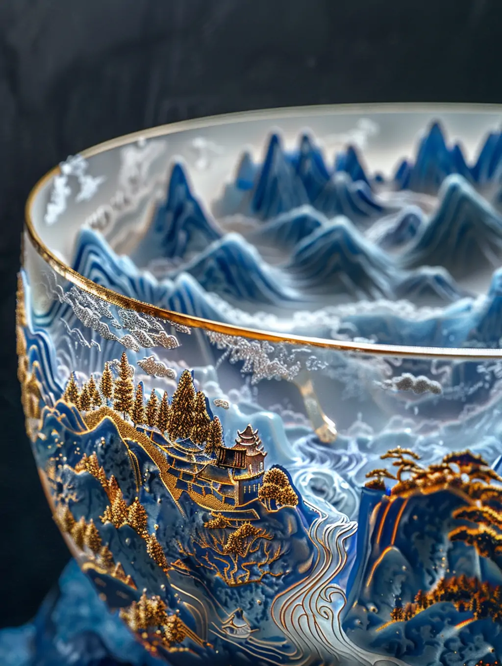 中国风蓝色青花瓷自然山水画烫金玻璃碗瓷器精致绘画产品摄影海报midjourney关键词咒语 - Ai宇宙吧--Ai宇宙吧-