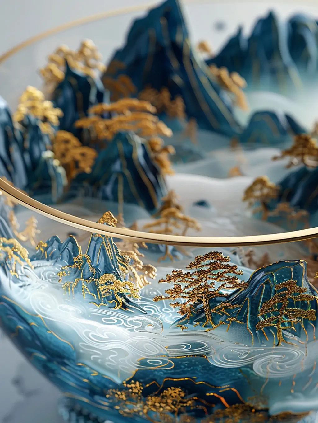 中国风蓝色青花瓷自然山水画烫金玻璃碗瓷器精致绘画产品摄影海报midjourney关键词咒语 - Ai宇宙吧--Ai宇宙吧-