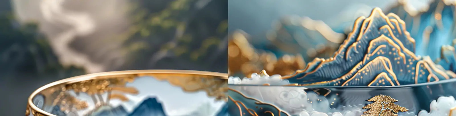中国风蓝色青花瓷自然山水画烫金玻璃碗瓷器精致绘画产品摄影海报midjourney关键词咒语