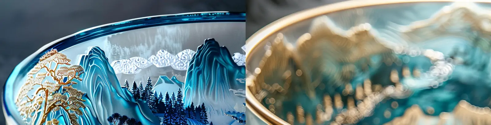 中国风蓝色青花瓷自然山水画烫金玻璃碗瓷器精致绘画产品摄影海报midjourney关键词咒语