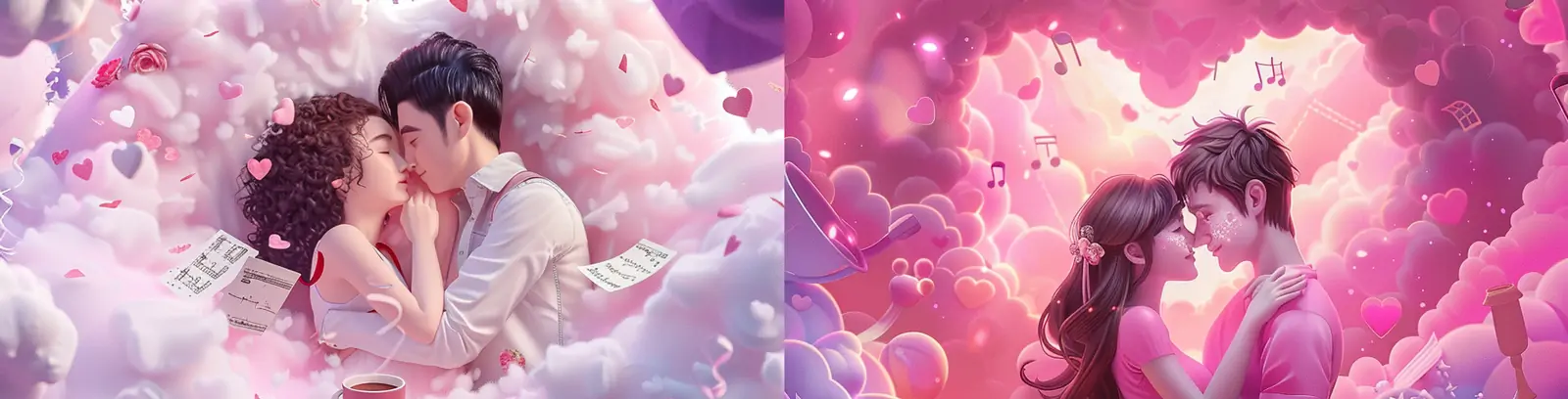粉色甜蜜浪漫爱心情侣云朵气球情人节插图海报midjourney关键词咒语
