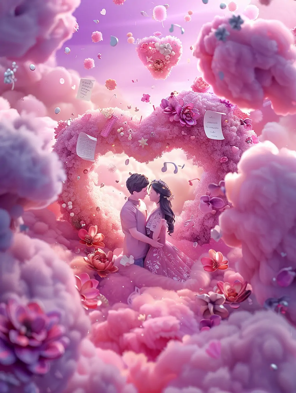 粉色甜蜜浪漫爱心情侣云朵气球情人节插图海报midjourney关键词咒语 - Ai宇宙吧--Ai宇宙吧-