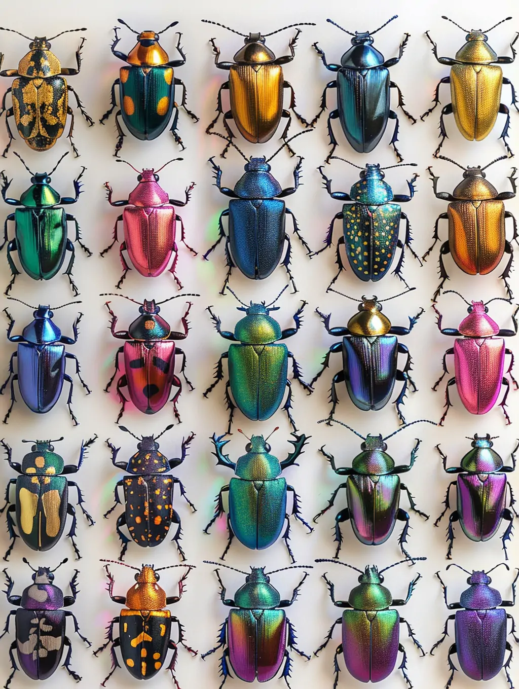 彩色闪光宝石甲虫昆虫排列艺术图案插图midjourney关键词咒语-Ai宇宙吧-