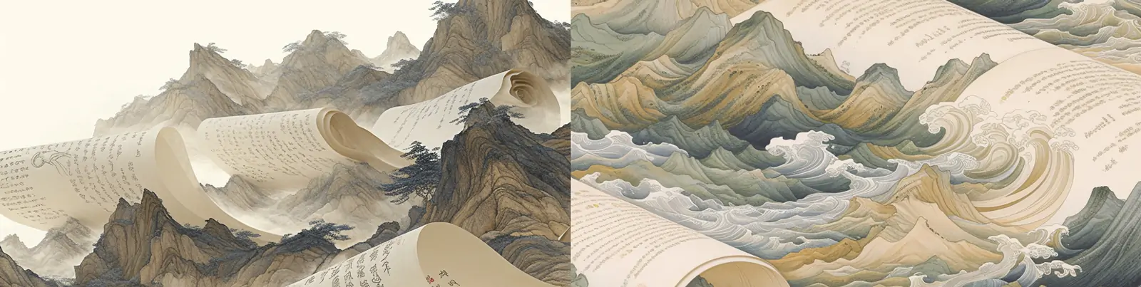 中国风古风古代文字卷轴漂浮山水风景场景插图背景midjourney关键词咒语