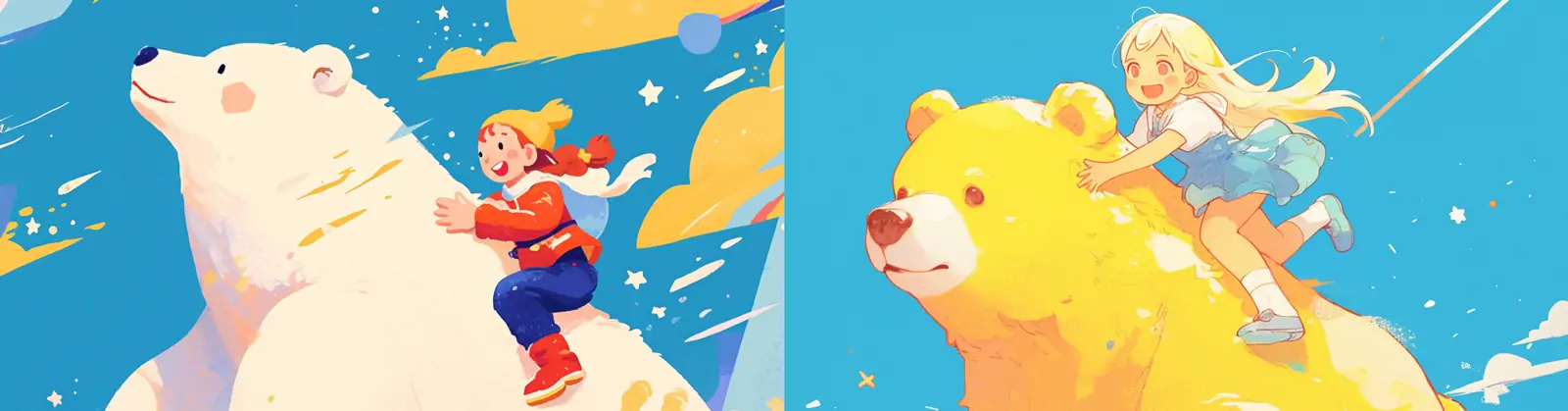 手绘可爱动漫卡通梦幻长毛胖熊云端女孩动画场景插图海报midjourney关键词咒语