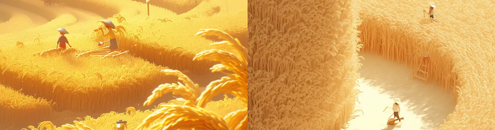 创意夏天金色稻田收割微观世界景观场景鸟瞰图摄影海报midjourney关键词咒语