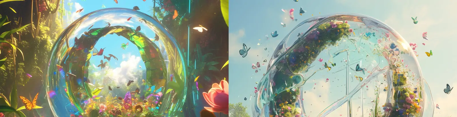 创意圆形透明发光玻璃字母O鲜花植物蝴蝶飞舞梦幻场景摄影海报midjourney关键词咒语