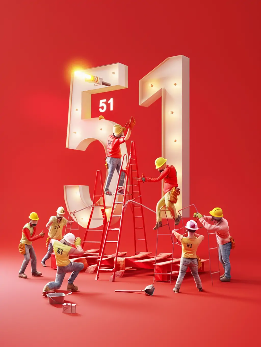 中国风红色51五一劳动节3D立体工人建设微观场景主题海报midjourney关键词咒语 - Ai宇宙吧--Ai宇宙吧-