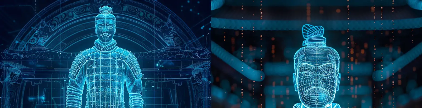 蓝色科技感中国古代兵马俑线框全息图案数字艺术品模型midjourney关键词咒语