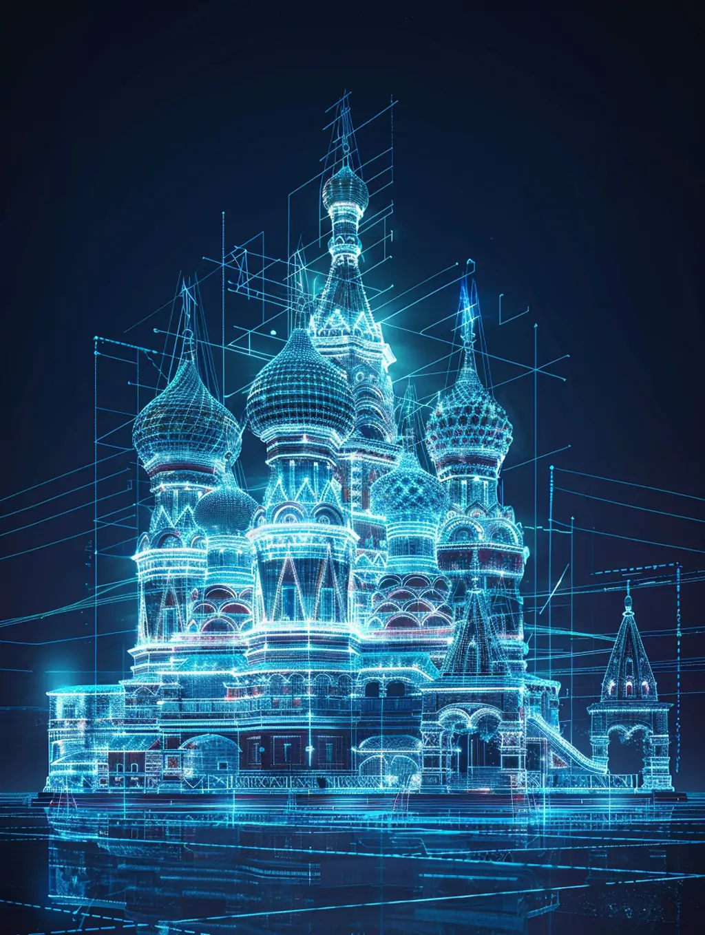蓝色科技感俄罗斯莫斯科红场建筑线框全息图案数字艺术品模型midjourney关键词咒语 - Ai宇宙吧--Ai宇宙吧-