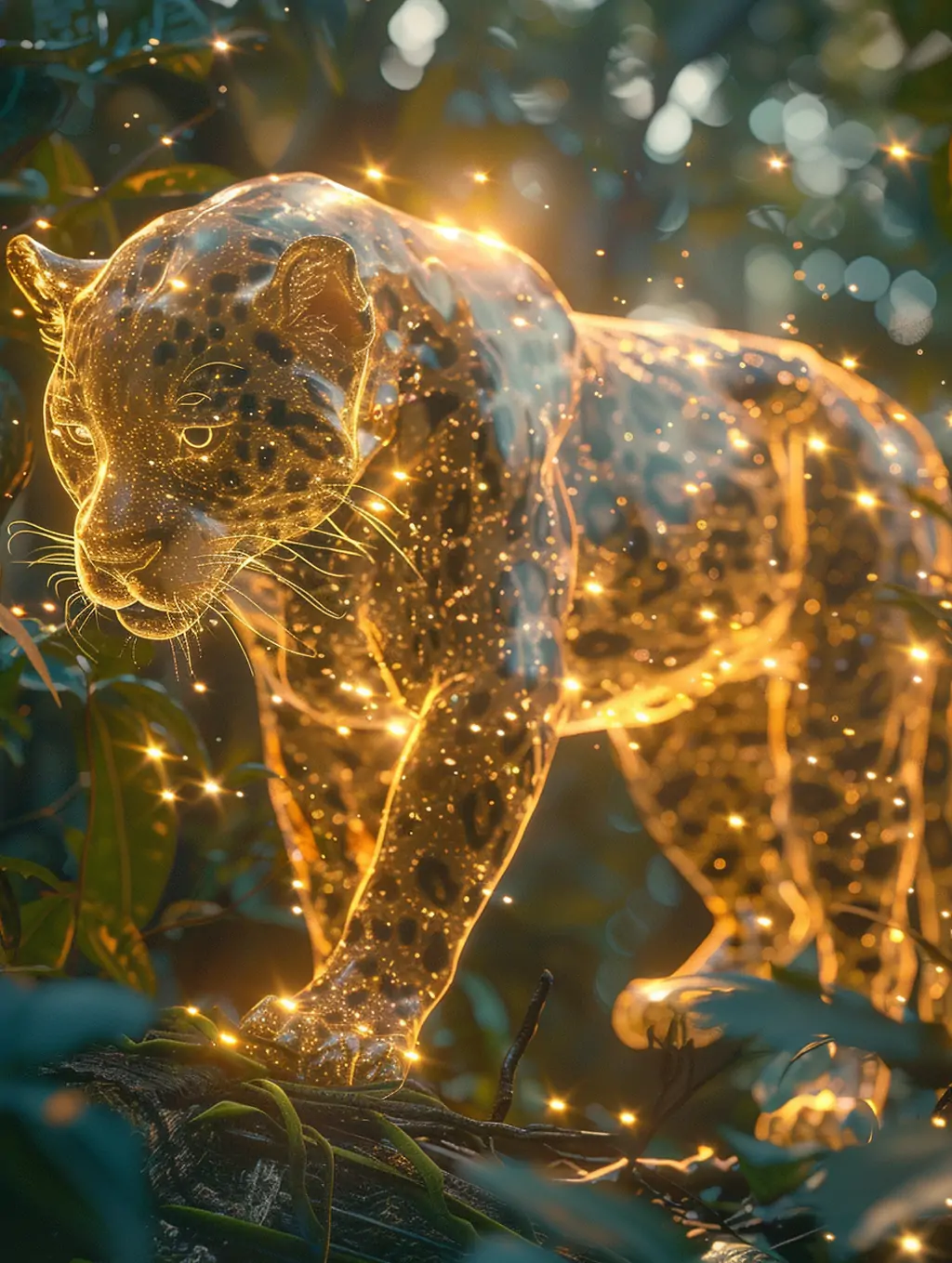 创意金色透明水晶动物美洲豹发光体科幻效果摄影海报midjourney关键词咒语-Ai宇宙吧-
