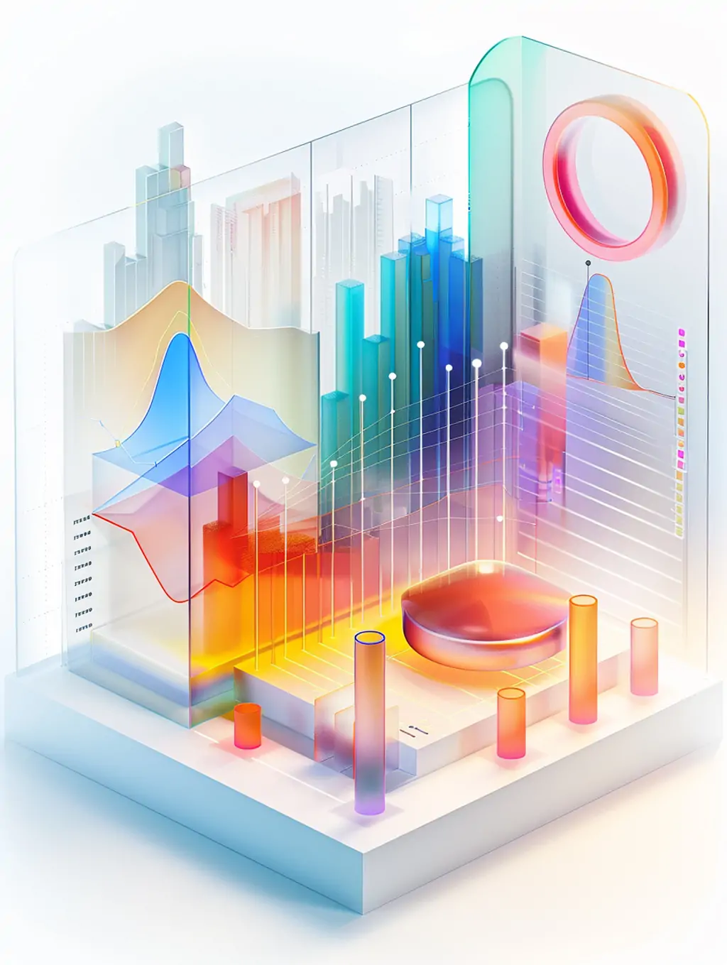 Midjourney - 彩色透明磨砂玻璃等距数据图标柱形图立体模型midjourney关键词咒语 素材类-Ai宇宙吧-