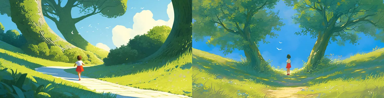 绿色春天自然植物树木儿童奔跑背影宁静氛围场景插图海报midjourney关键词咒语