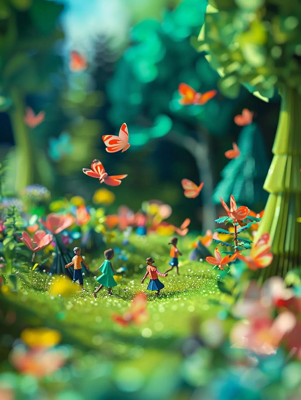 创意3D立体春天自然花园鲜花植物蝴蝶儿童微缩场景摄影海报midjourney关键词咒语 - Ai宇宙吧--Ai宇宙吧-