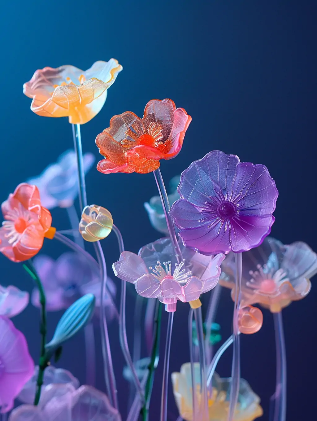 3D立体彩色透明玻璃塑料鲜花植物雕塑模型midjourney关键词咒语 - Ai宇宙吧--Ai宇宙吧-