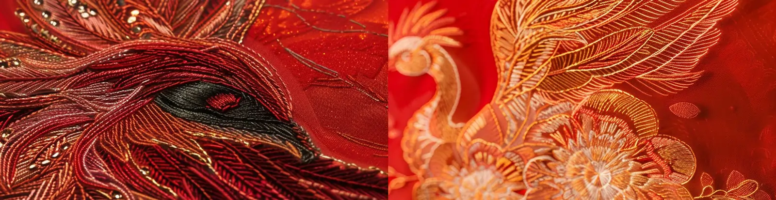 中国风红色逼真凤凰刺绣微距镜头特写海报midjourney关键词咒语