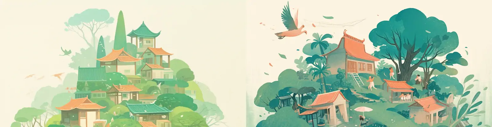 创意手绘女孩脑海村庄房屋建筑美好场景画面幻想插图海报midjourney关键词咒语