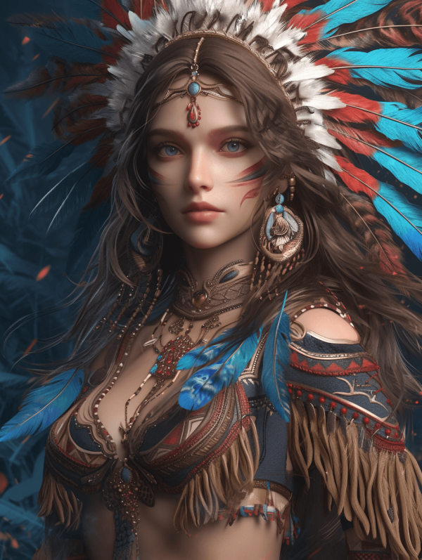 AI生图-美丽的印第安女酋长人物midjourney关键词咒语-Ai宇宙吧-