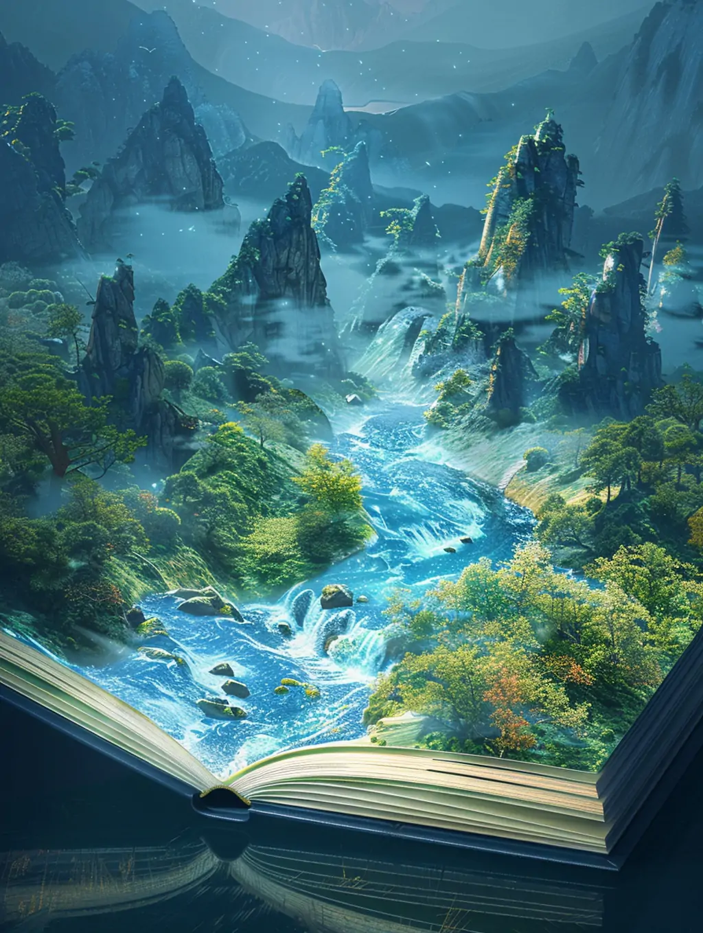 3D立体中国风开卷山水画书籍自然风光艺术插图海报midjourney关键词咒语 - Ai宇宙吧--Ai宇宙吧-