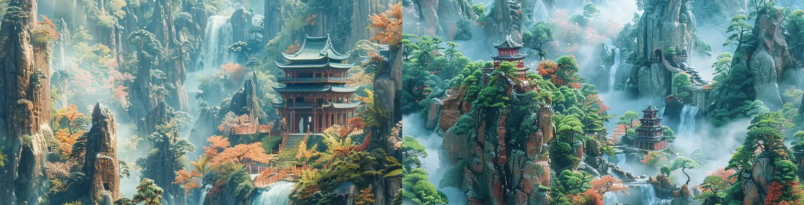 中国风自然山水风景阁楼建筑立体艺术场景插图海报midjourney关键词咒语