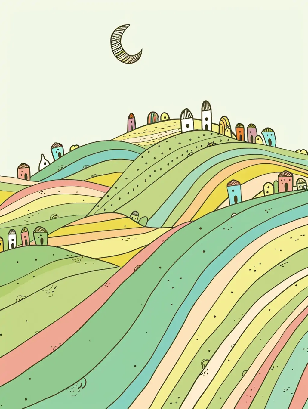极简主义彩色卡通绿色山丘房屋建筑插图绘画海报midjourney关键词咒语 - Ai宇宙吧--Ai宇宙吧-