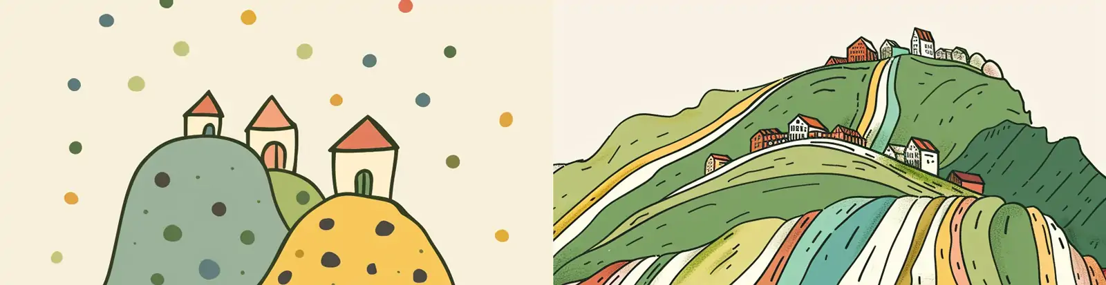 极简主义彩色卡通绿色山丘房屋建筑插图绘画海报midjourney关键词咒语