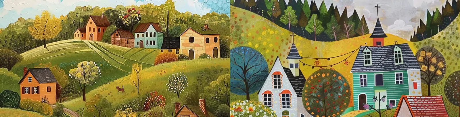 手绘彩色乡村生活连绵起伏山丘村庄建筑民间艺术插图绘画midjourney关键词咒语