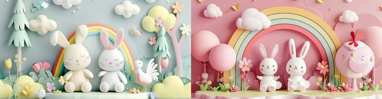 手绘可爱3D立体卡通动物公鸡兔子彩虹云朵场景插图海报midjourney关键词咒语