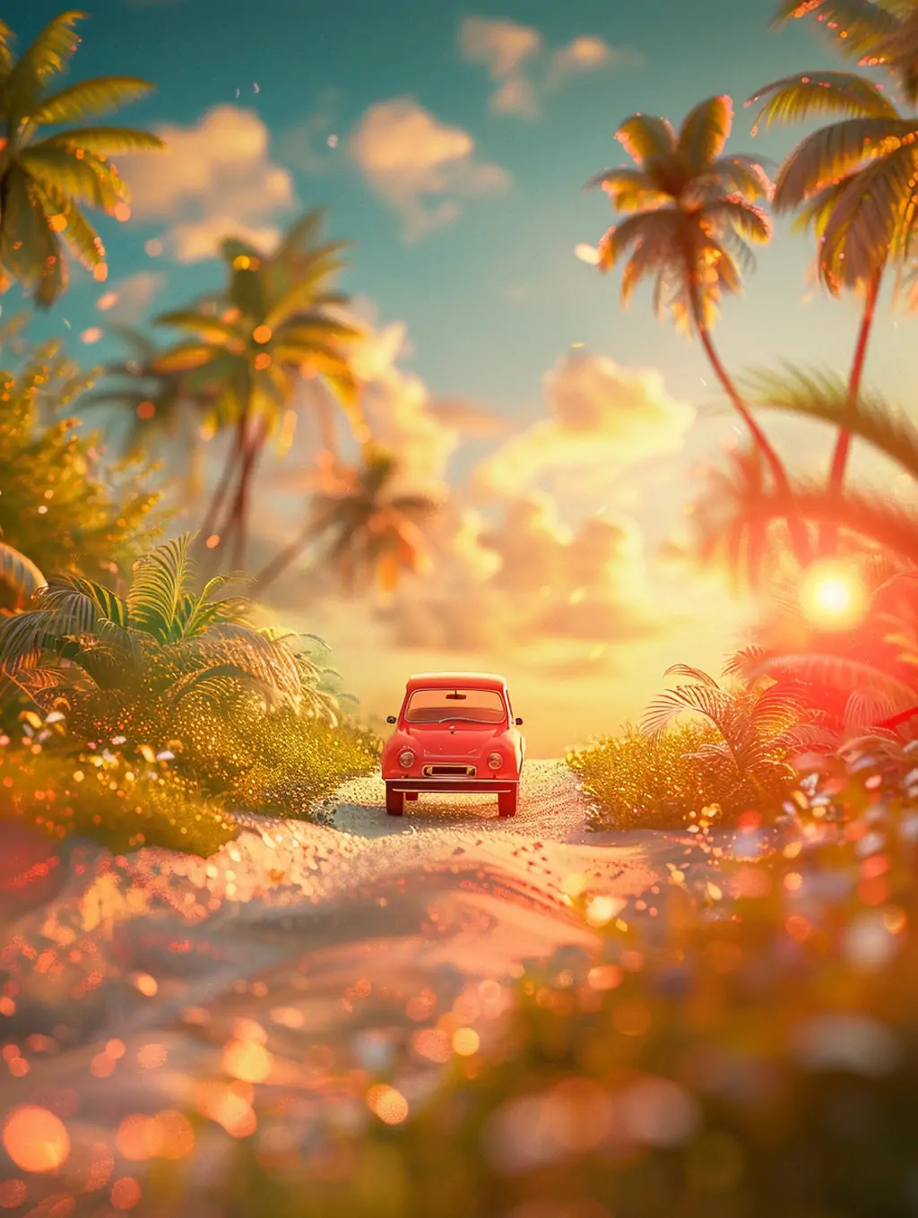 可爱3D立体夏天大海沙滩椰子树汽车飞驰自然场景插图海报midjourney关键词咒语 - Ai宇宙吧--Ai宇宙吧-