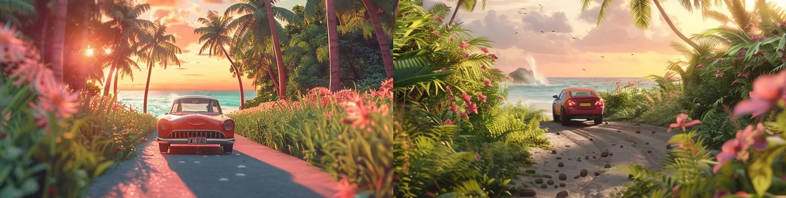 可爱3D立体夏天大海沙滩椰子树汽车飞驰自然场景插图海报midjourney关键词咒语
