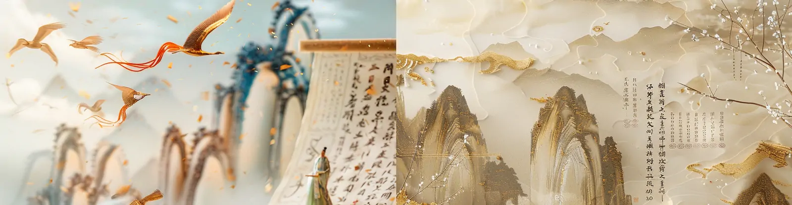 中国风古代文字诗词诗人卷轴漂浮自然山水烫金场景插图海报midjourney关键词咒语
