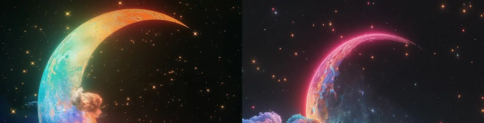 创意彩色丰富多彩星星月亮云朵星空海报背景midjourney关键词咒语