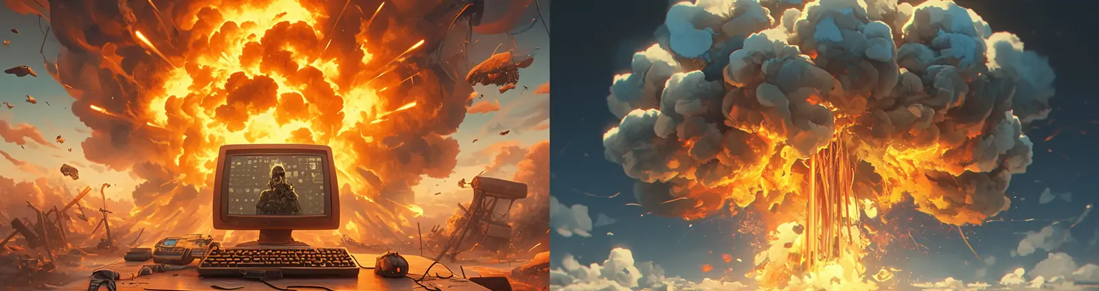 创意迷你键盘侠的威力蘑菇云爆炸效果场景海报midjourney关键词咒语