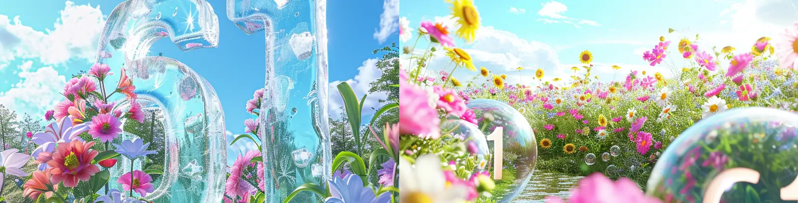 创意蓝天白云鲜花梦幻透明水晶玻璃61立体文字摄影海报midjourney关键词咒语